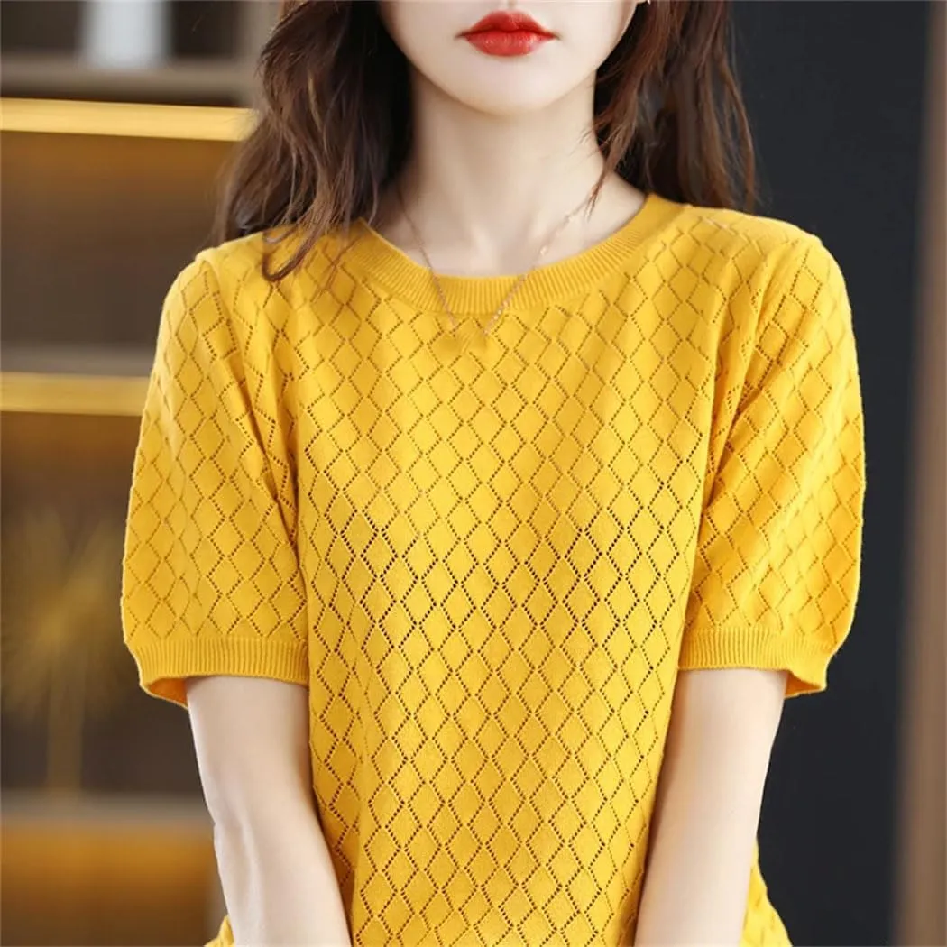 Women's 100% Cotton Short-Sleeved T-Shirt Summer Round Neck Loose Pullover Casual Hollow-Out Knitted T-Shirt