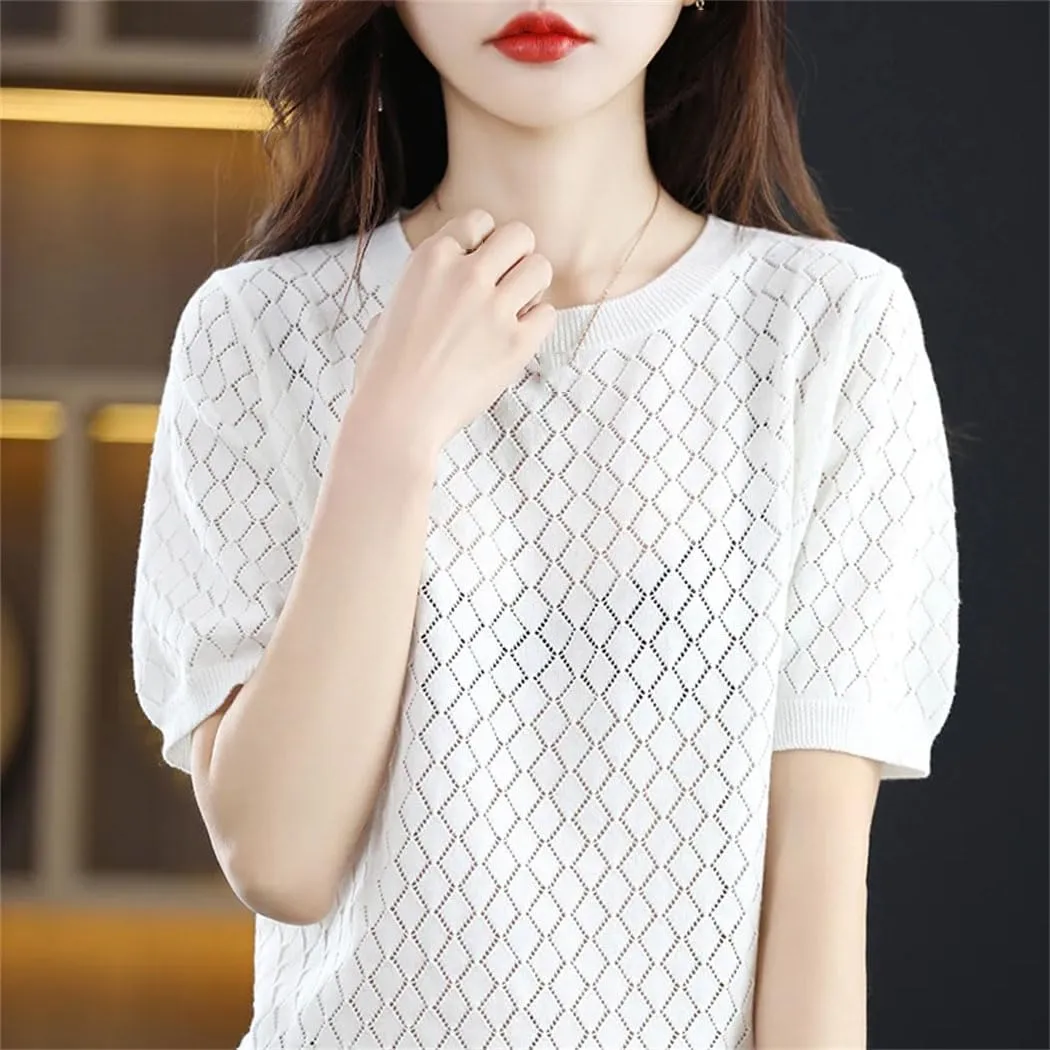 Women's 100% Cotton Short-Sleeved T-Shirt Summer Round Neck Loose Pullover Casual Hollow-Out Knitted T-Shirt