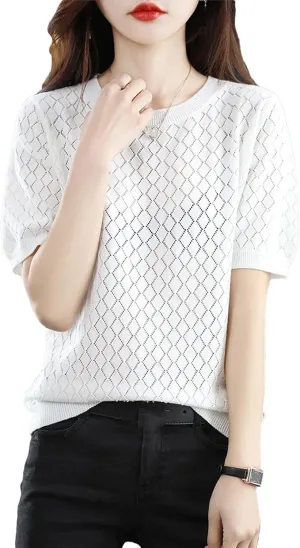 Women's 100% Cotton Short-Sleeved T-Shirt Summer Round Neck Loose Pullover Casual Hollow-Out Knitted T-Shirt
