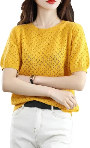 Women's 100% Cotton Short-Sleeved T-Shirt Summer Round Neck Loose Pullover Casual Hollow-Out Knitted T-Shirt