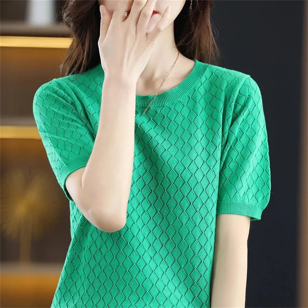 Women's 100% Cotton Short-Sleeved T-Shirt Summer Round Neck Loose Pullover Casual Hollow-Out Knitted T-Shirt
