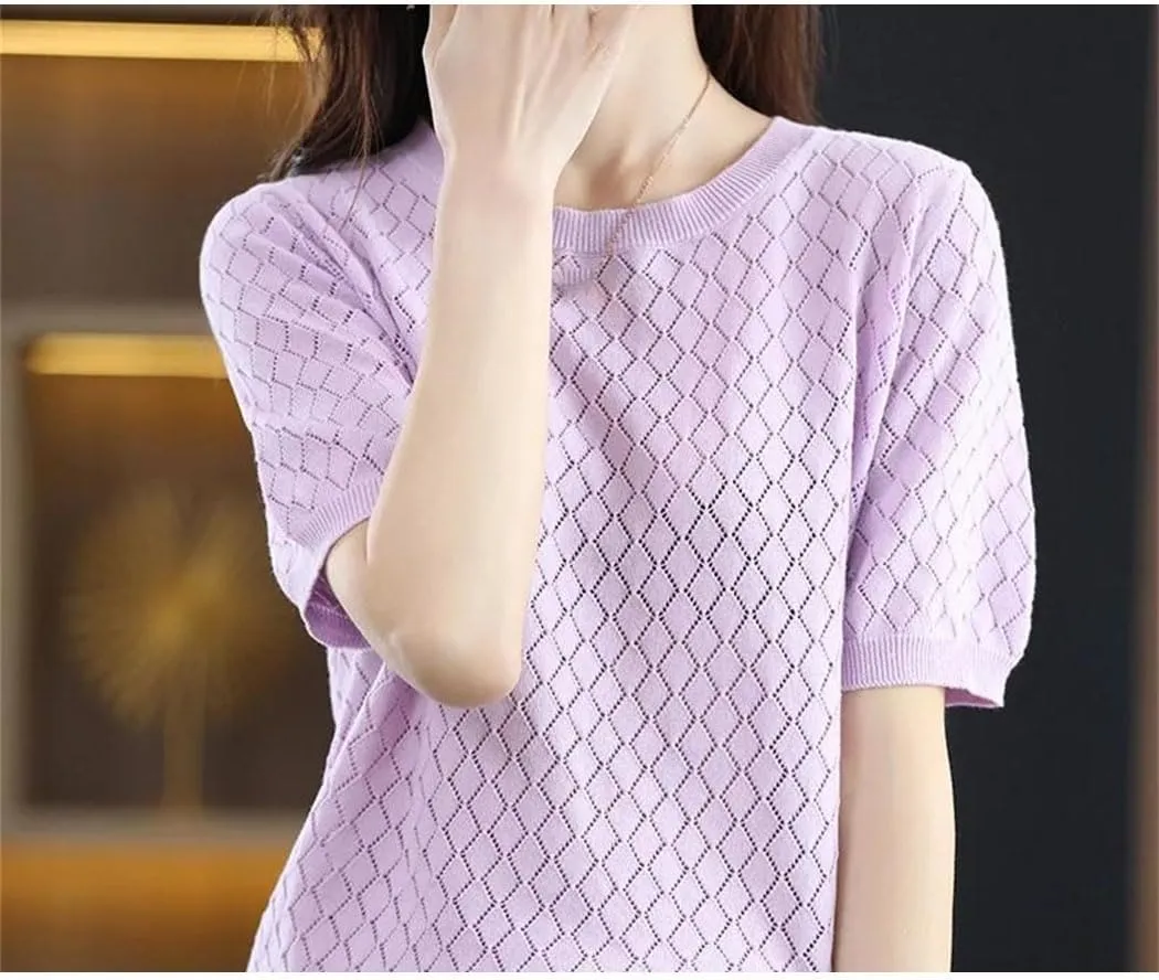 Women's 100% Cotton Short-Sleeved T-Shirt Summer Round Neck Loose Pullover Casual Hollow-Out Knitted T-Shirt