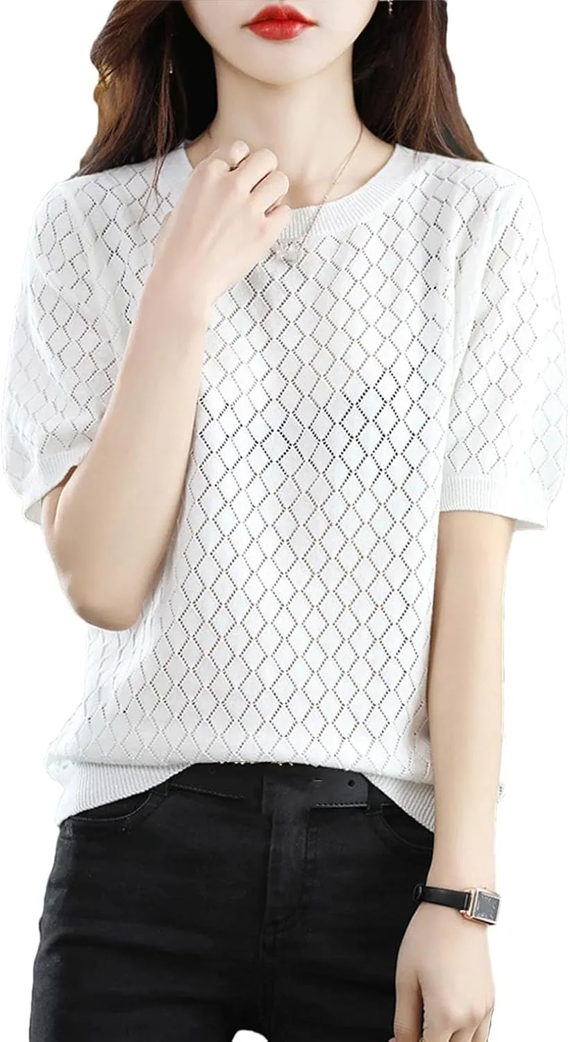 Women's 100% Cotton Short-Sleeved T-Shirt Summer Round Neck Loose Pullover Casual Hollow-Out Knitted T-Shirt