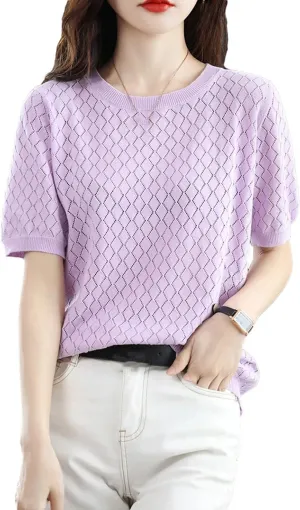 Women's 100% Cotton Short-Sleeved T-Shirt Summer Round Neck Loose Pullover Casual Hollow-Out Knitted T-Shirt