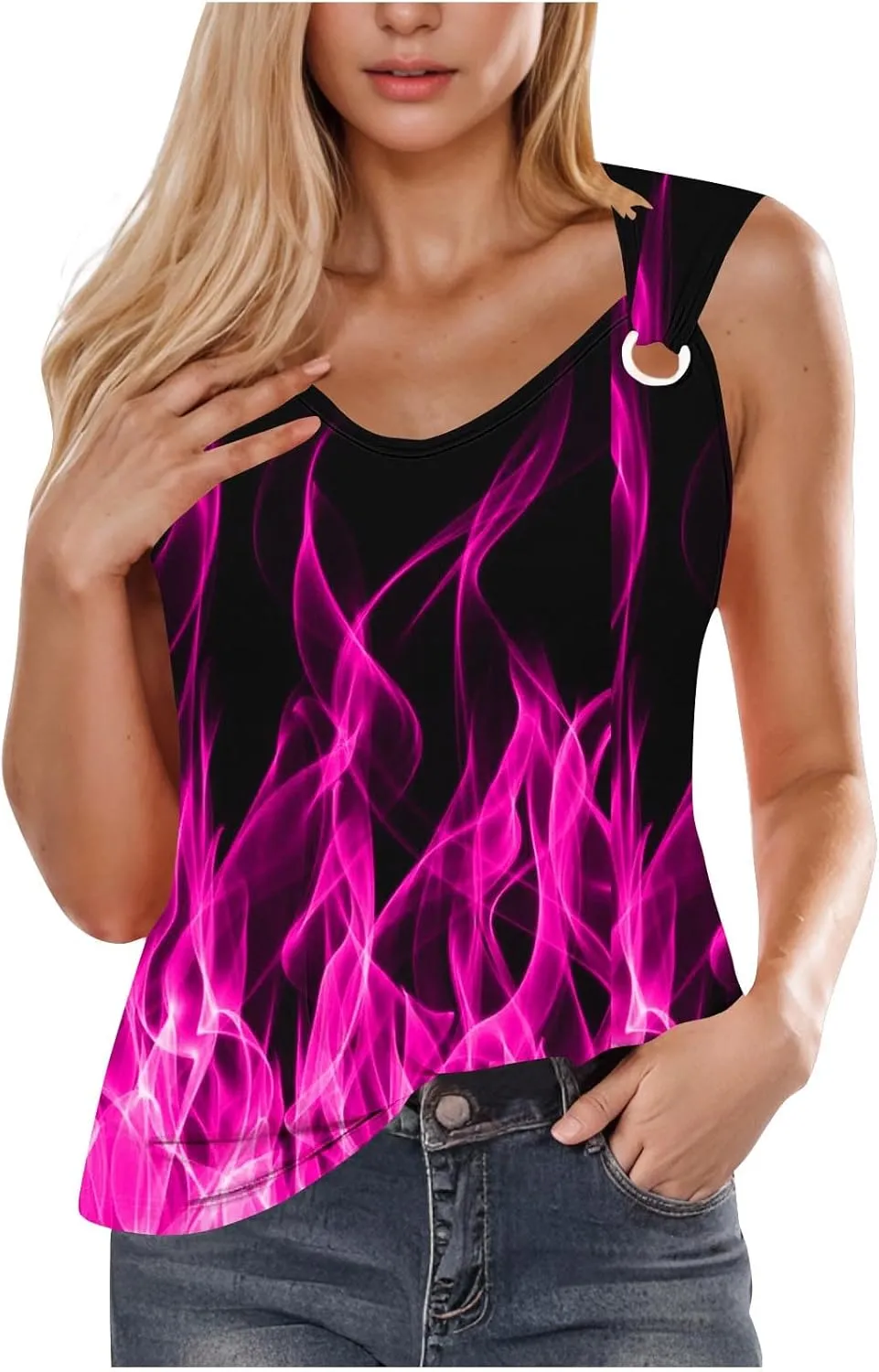 Women's 3D Flame Print Tank Tops Ring Linked V Neck Tanks Soft Sleeveless Cami Vest Shirts Novelty Graphic Tees