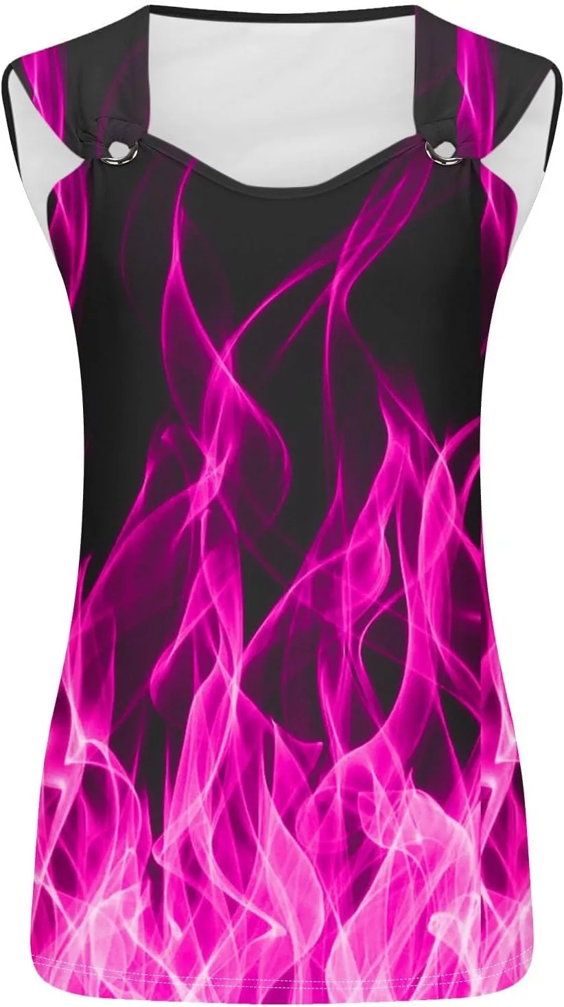 Women's 3D Flame Print Tank Tops Ring Linked V Neck Tanks Soft Sleeveless Cami Vest Shirts Novelty Graphic Tees