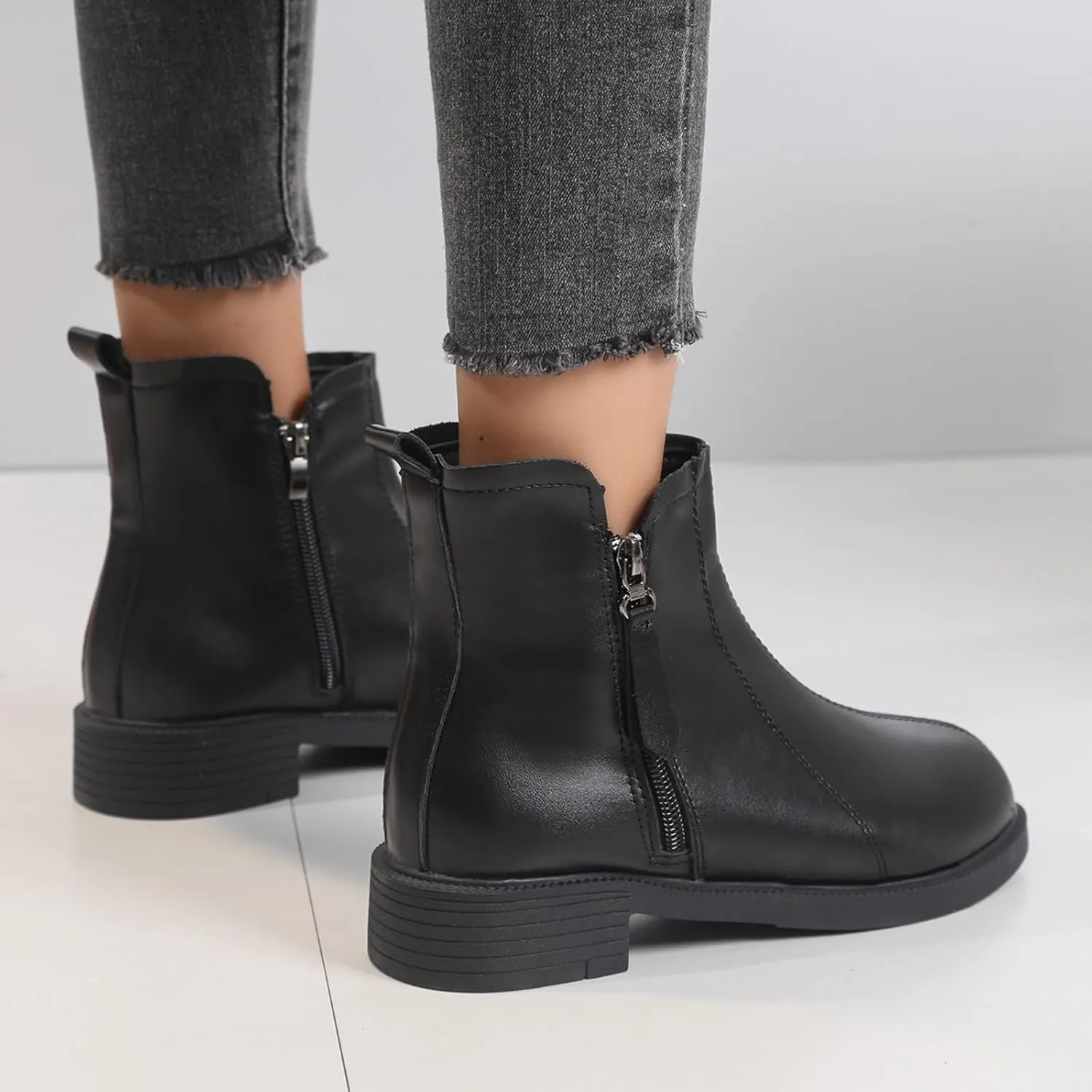 Women's Ankle Boots Thick Heel Low Heeled Booties for Women Round Toe Chunky Heel Side Zipper Booties Slip On Chelsea Dress Boots for Women Waterproof Winter Shoes with Arch Support