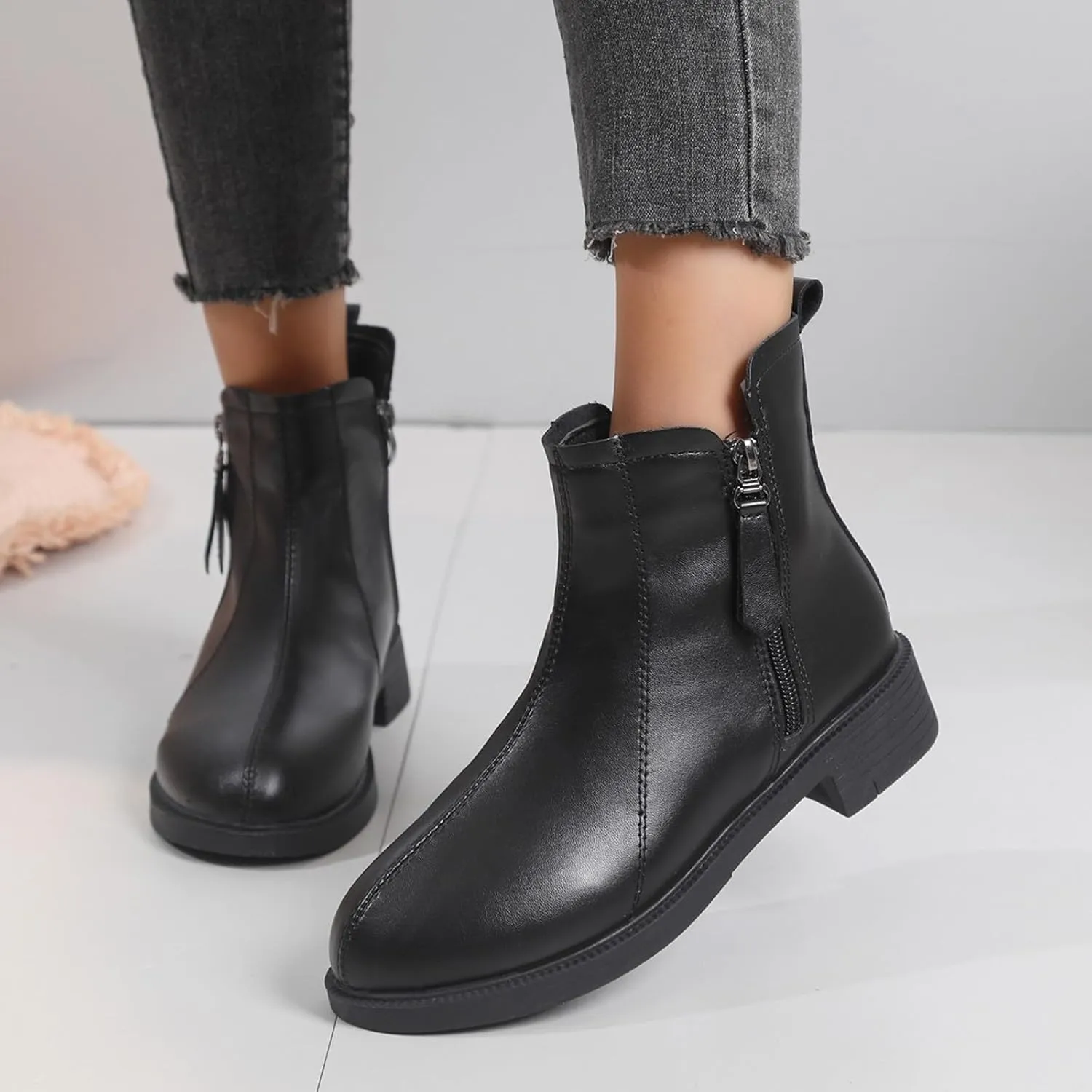 Women's Ankle Boots Thick Heel Low Heeled Booties for Women Round Toe Chunky Heel Side Zipper Booties Slip On Chelsea Dress Boots for Women Waterproof Winter Shoes with Arch Support