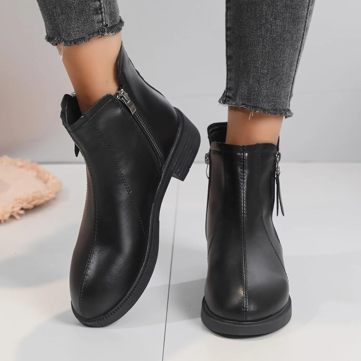 Women's Ankle Boots Thick Heel Low Heeled Booties for Women Round Toe Chunky Heel Side Zipper Booties Slip On Chelsea Dress Boots for Women Waterproof Winter Shoes with Arch Support