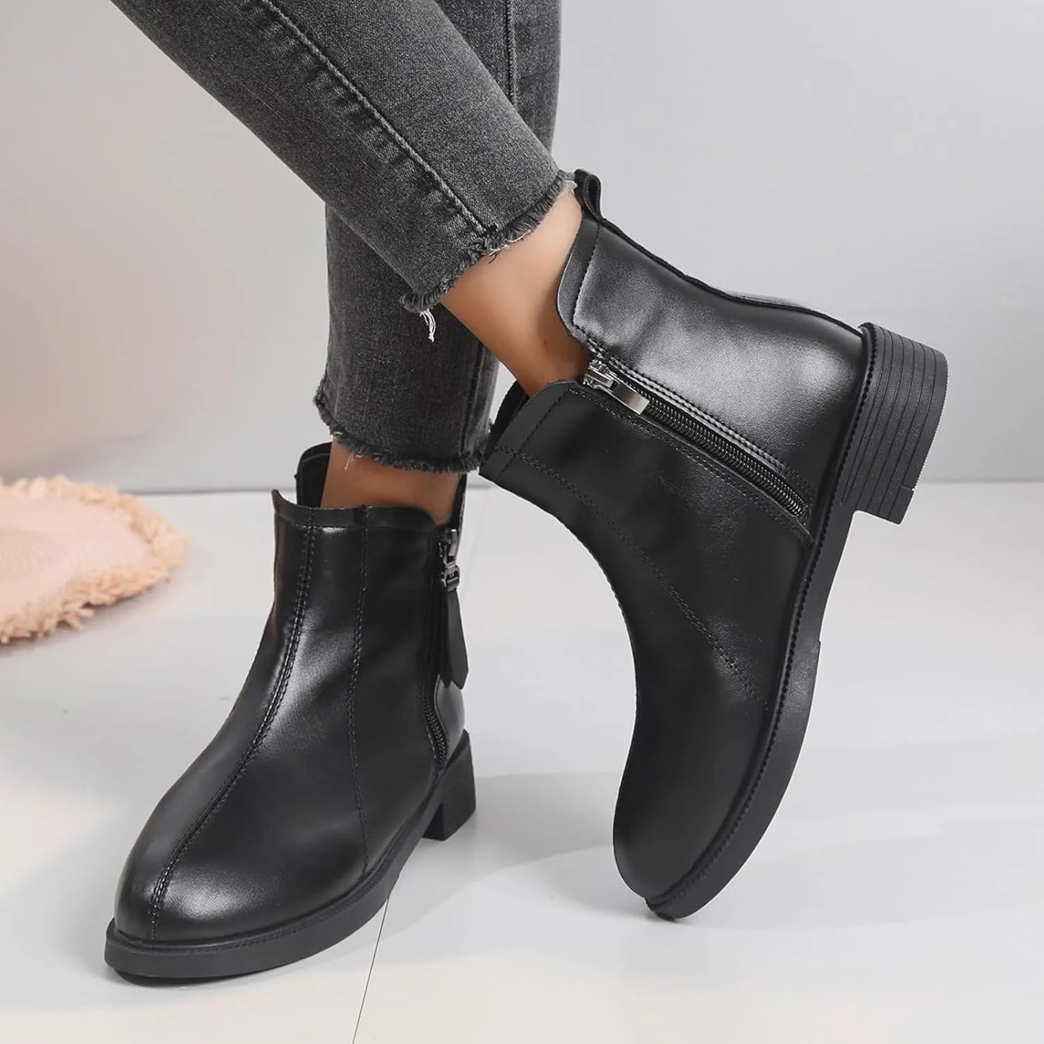 Women's Ankle Boots Thick Heel Low Heeled Booties for Women Round Toe Chunky Heel Side Zipper Booties Slip On Chelsea Dress Boots for Women Waterproof Winter Shoes with Arch Support