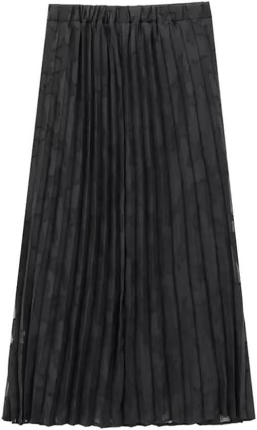 Women's Black Jacquard Pleated Midi Skirt with Elastic Waist and Vintage A-Line Design