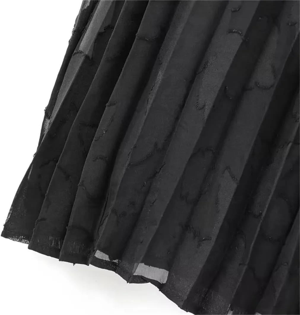 Women's Black Jacquard Pleated Midi Skirt with Elastic Waist and Vintage A-Line Design