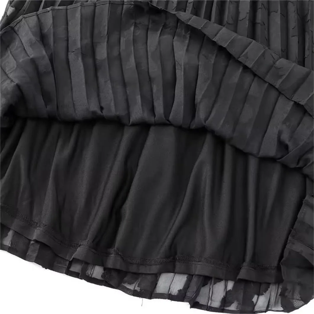 Women's Black Jacquard Pleated Midi Skirt with Elastic Waist and Vintage A-Line Design