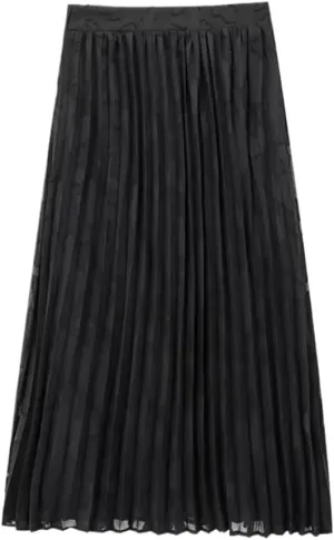 Women's Black Jacquard Pleated Midi Skirt with Elastic Waist and Vintage A-Line Design