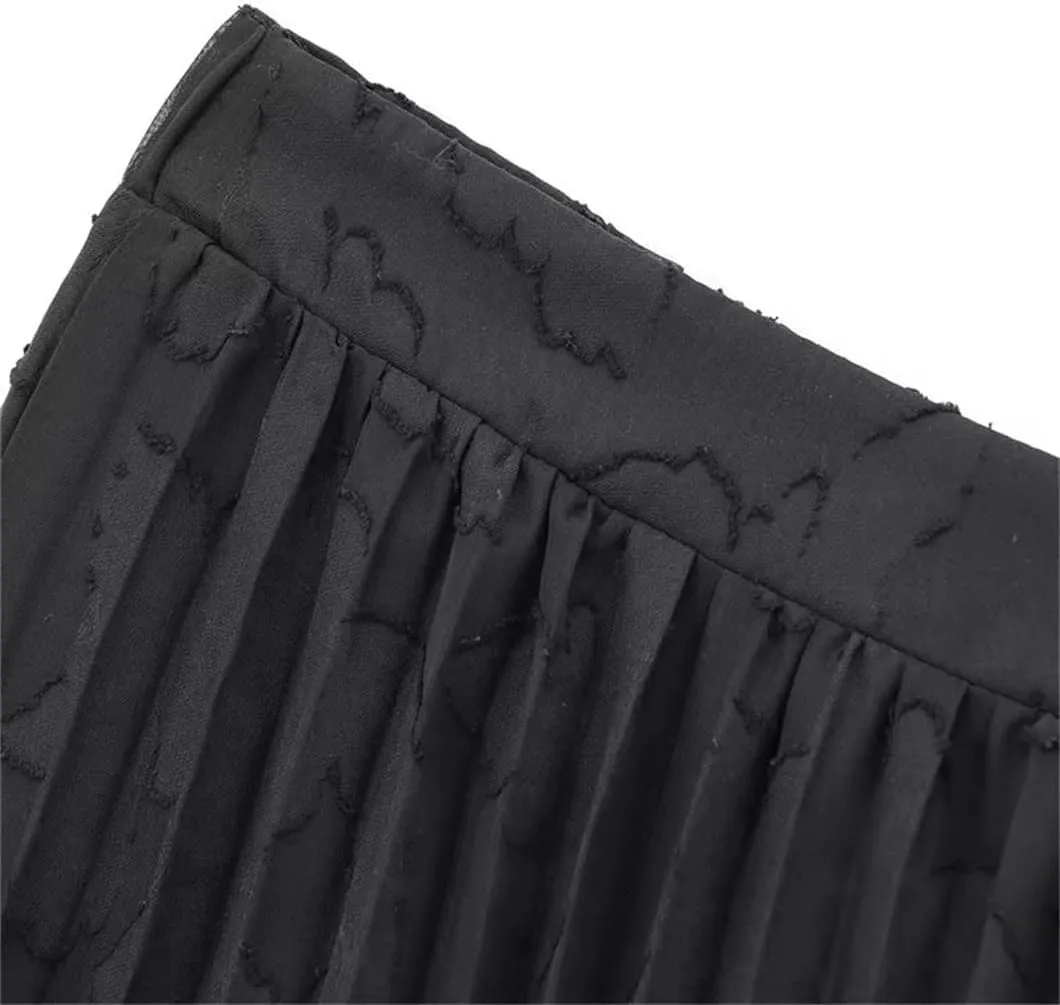 Women's Black Jacquard Pleated Midi Skirt with Elastic Waist and Vintage A-Line Design
