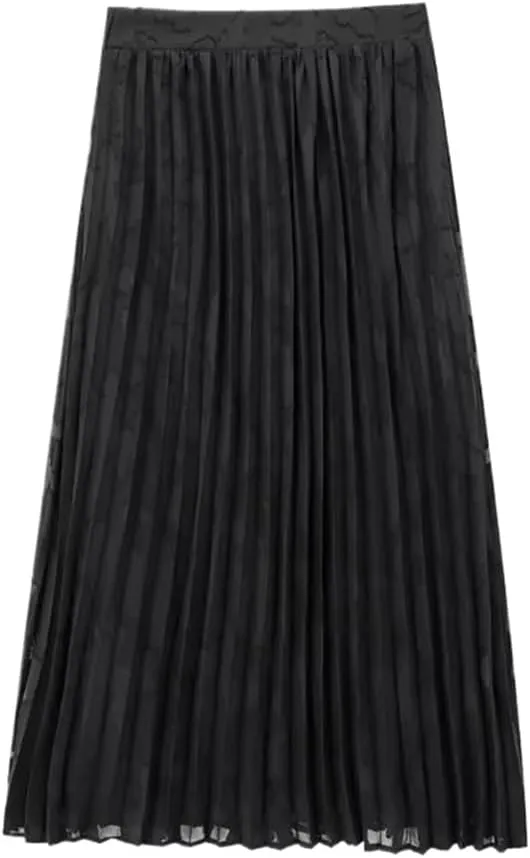 Women's Black Jacquard Pleated Midi Skirt with Elastic Waist and Vintage A-Line Design