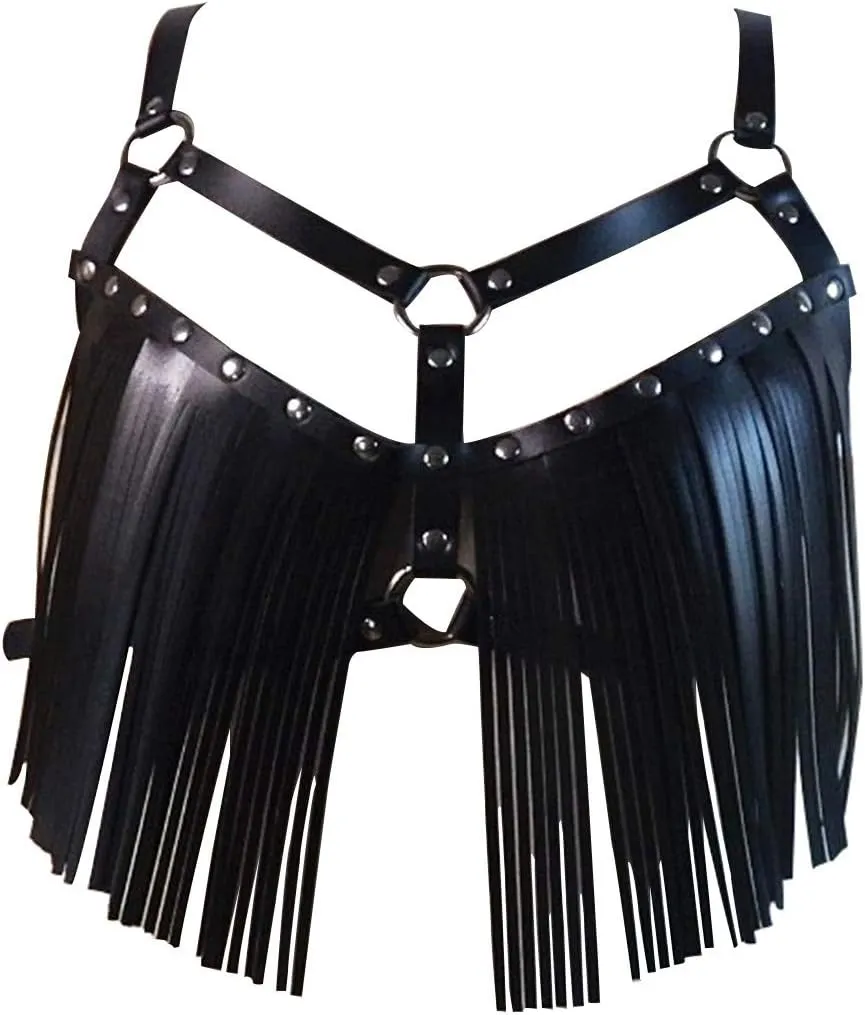 Women's Black Leather Body Chain Chest Harness Belt Fringe Tassels Suspender Waist Belt Adjustable