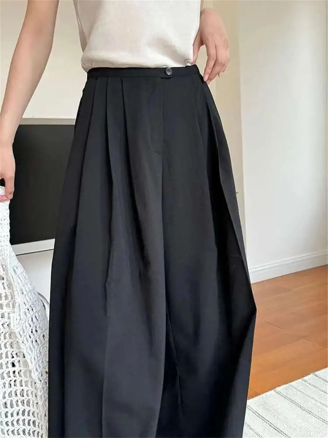 Womens Black Pleated Pants - Elastic Waist & Wide Leg Office Chic