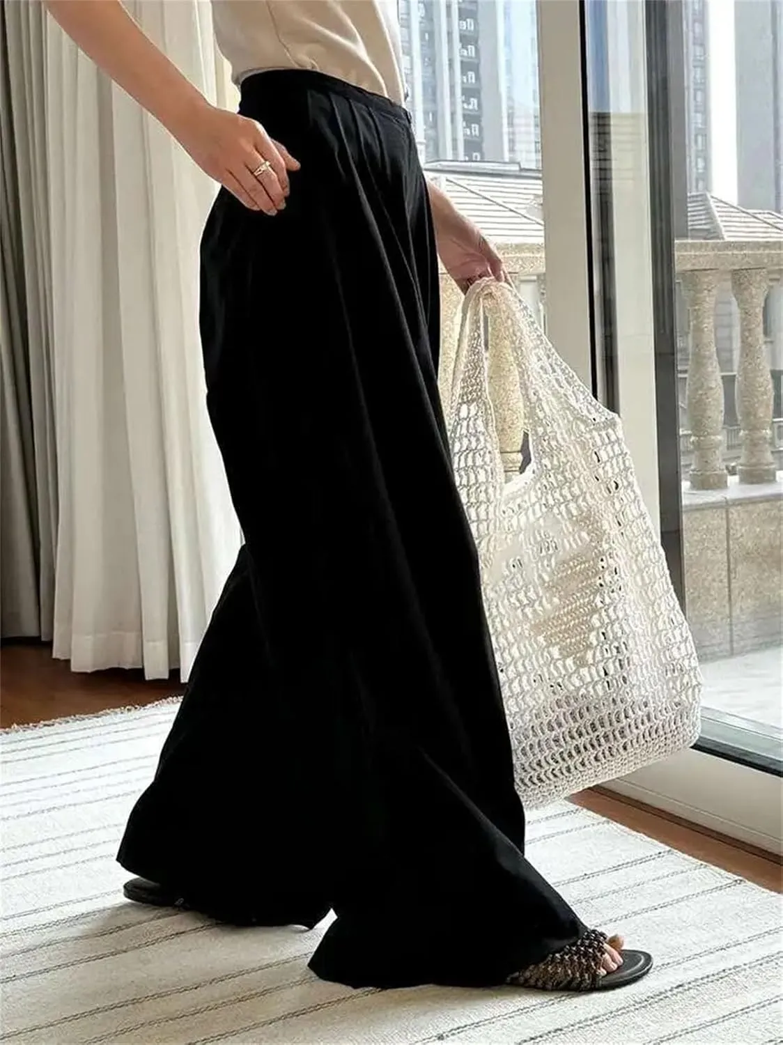Womens Black Pleated Pants - Elastic Waist & Wide Leg Office Chic