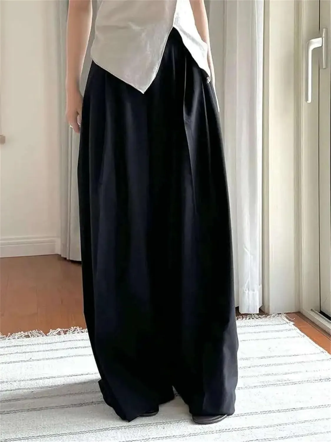 Womens Black Pleated Pants - Elastic Waist & Wide Leg Office Chic