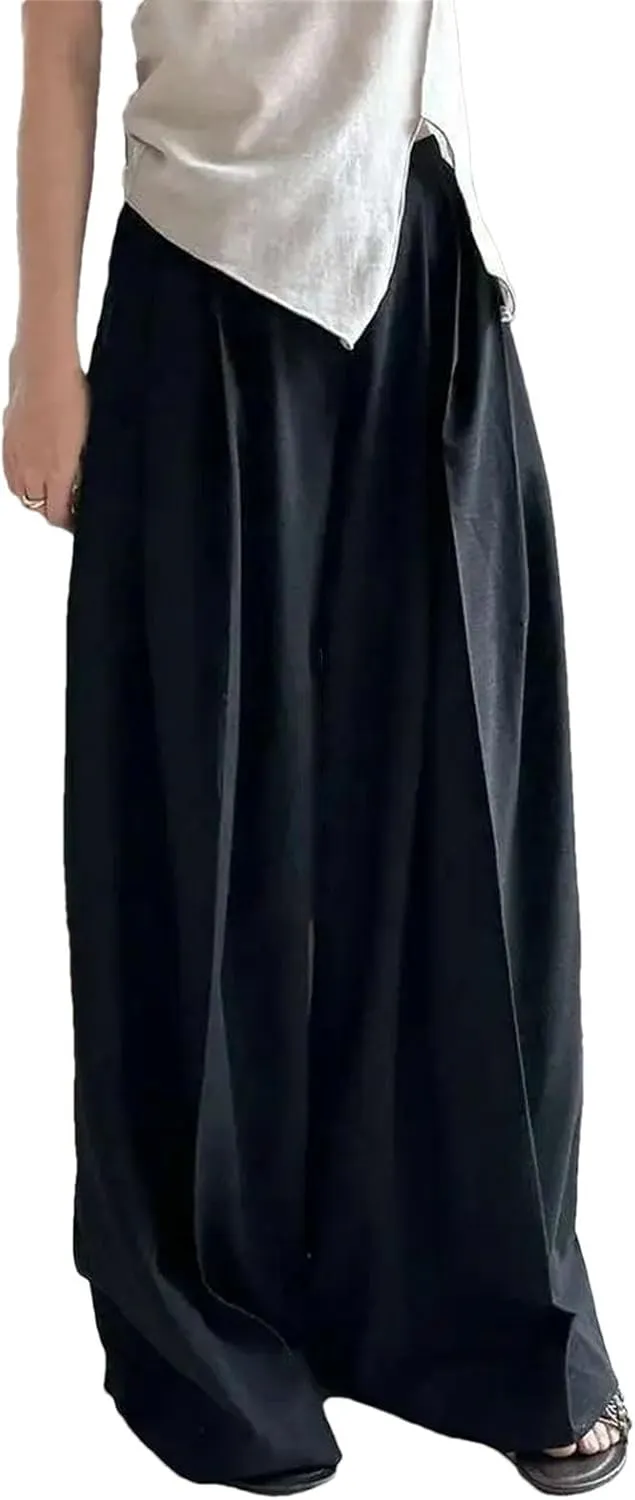 Womens Black Pleated Pants - Elastic Waist & Wide Leg Office Chic