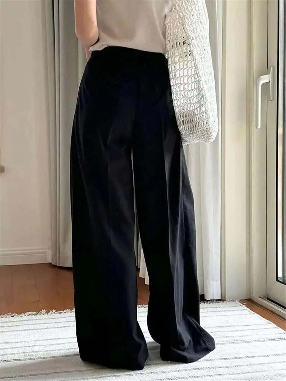Womens Black Pleated Pants - Elastic Waist & Wide Leg Office Chic