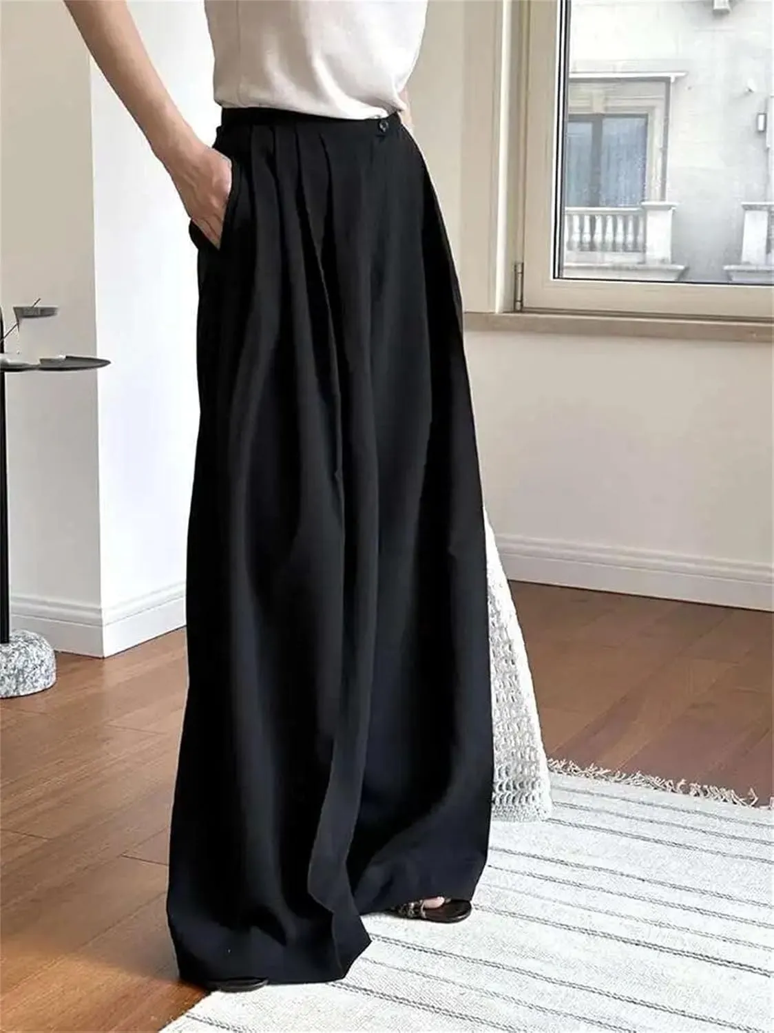 Womens Black Pleated Pants - Elastic Waist & Wide Leg Office Chic