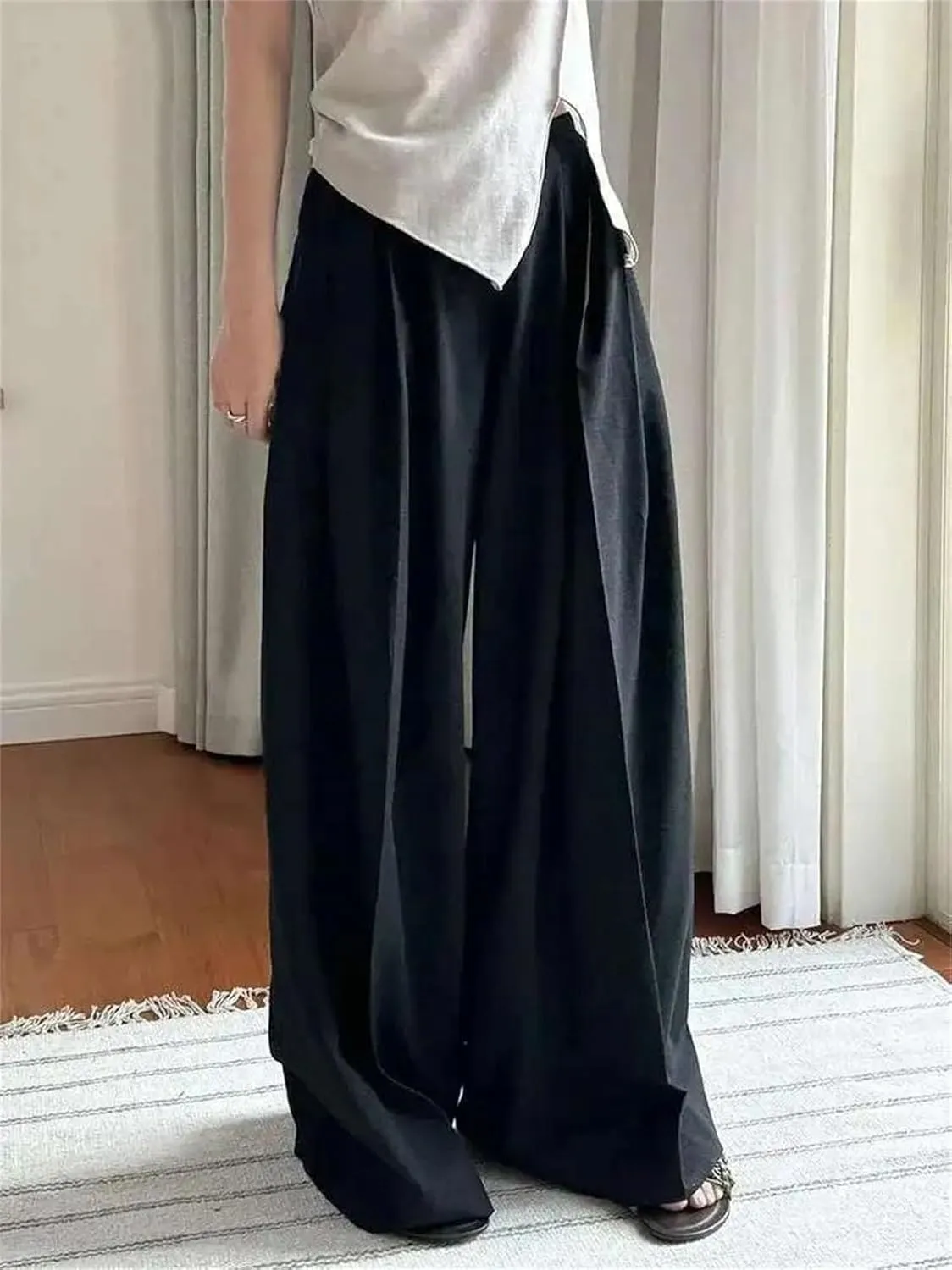 Womens Black Pleated Pants - Elastic Waist & Wide Leg Office Chic