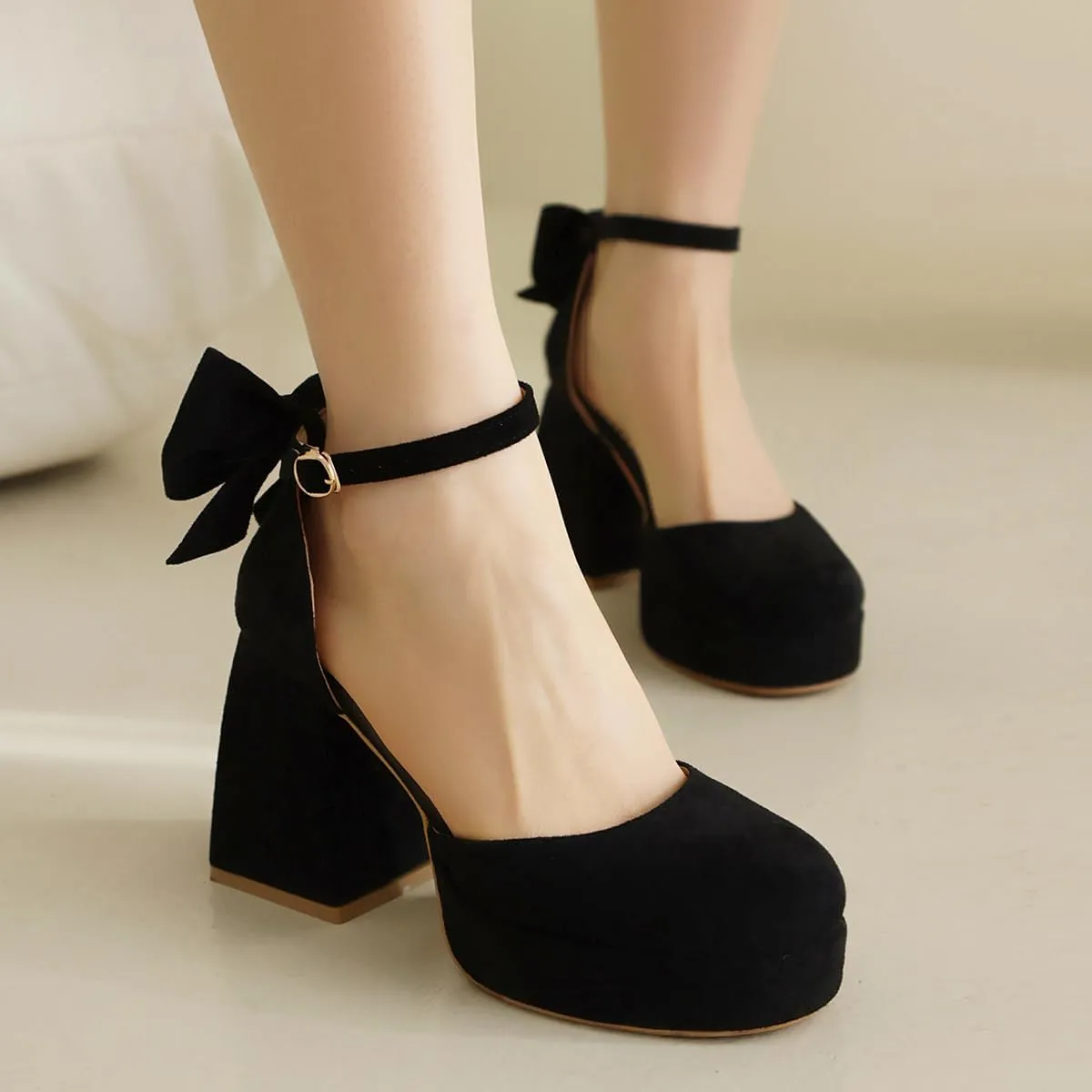 Women's Block Heel Square Toe Bow Pumps Ankle Strap Platform Heel Pumps Bowknot Mary Jane