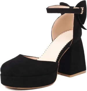 Women's Block Heel Square Toe Bow Pumps Ankle Strap Platform Heel Pumps Bowknot Mary Jane