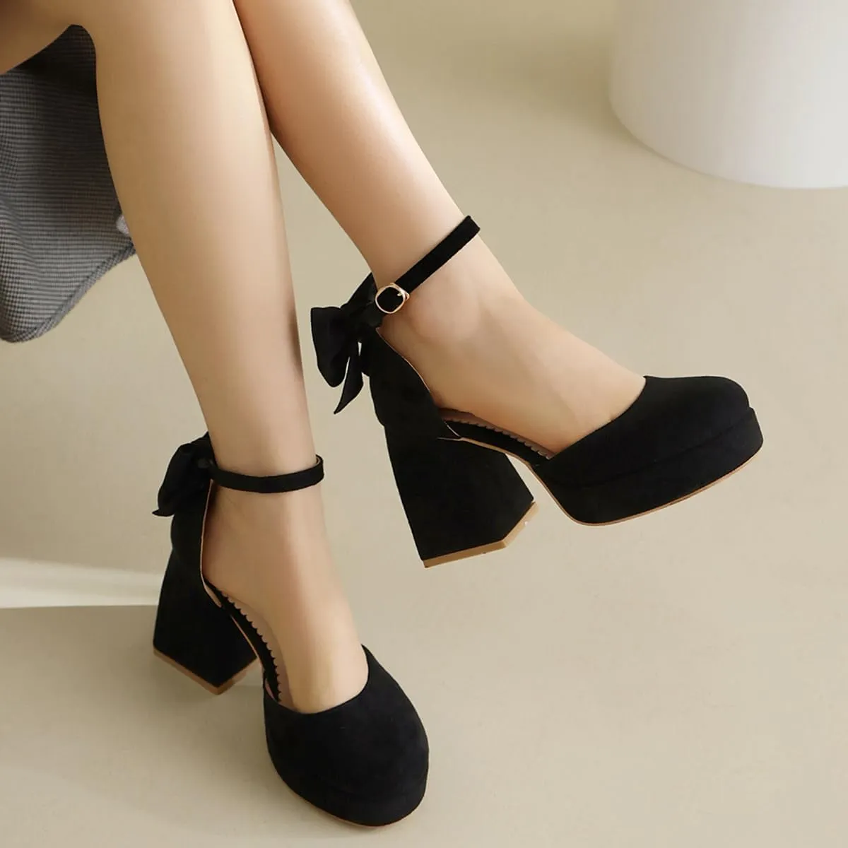 Women's Block Heel Square Toe Bow Pumps Ankle Strap Platform Heel Pumps Bowknot Mary Jane