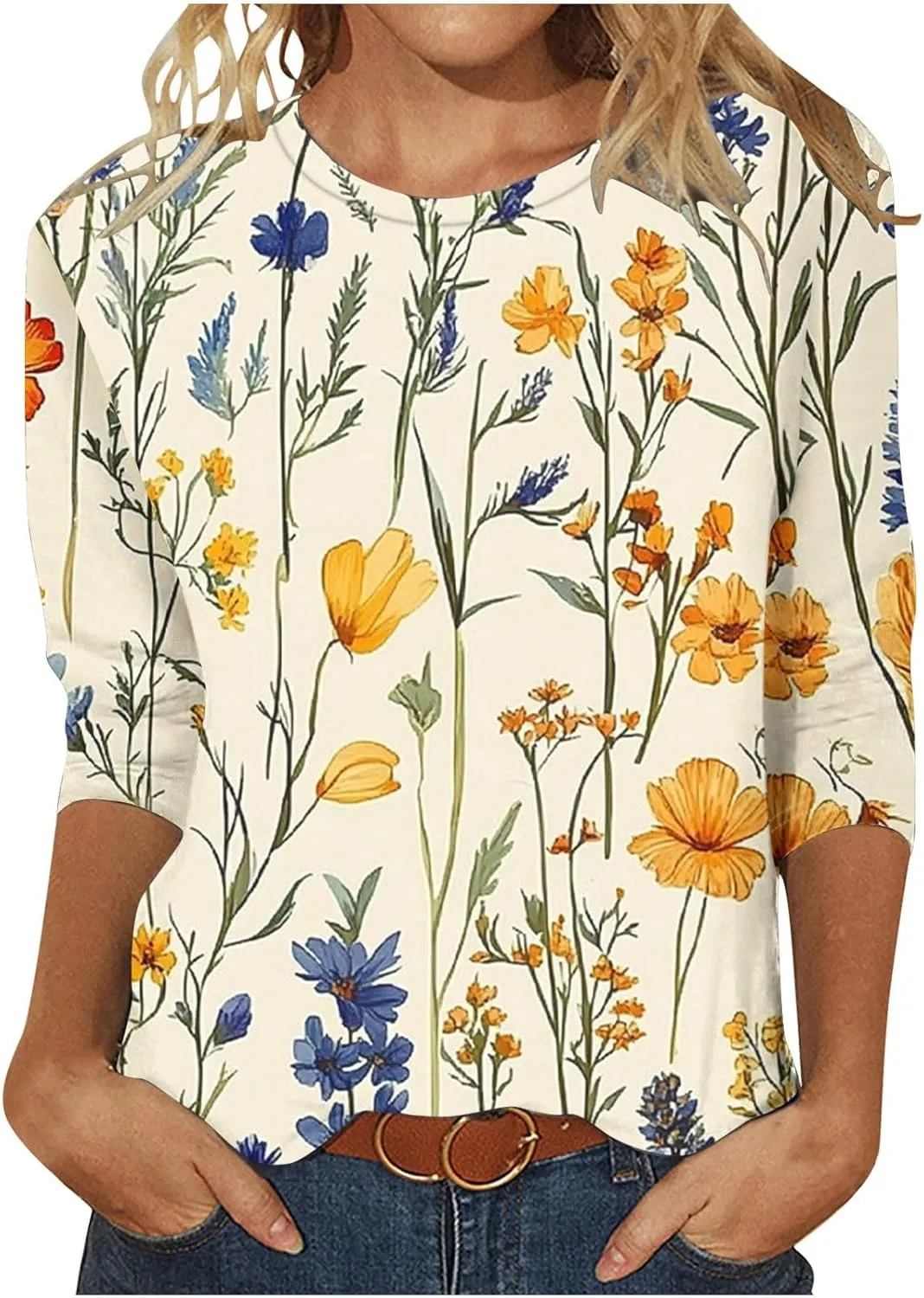Womens Boho Floral Tops 3/4 Sleeve T Shirts Crewneck Blouses Dressy Casual Business Work Shirts Fashion Tunic Tops