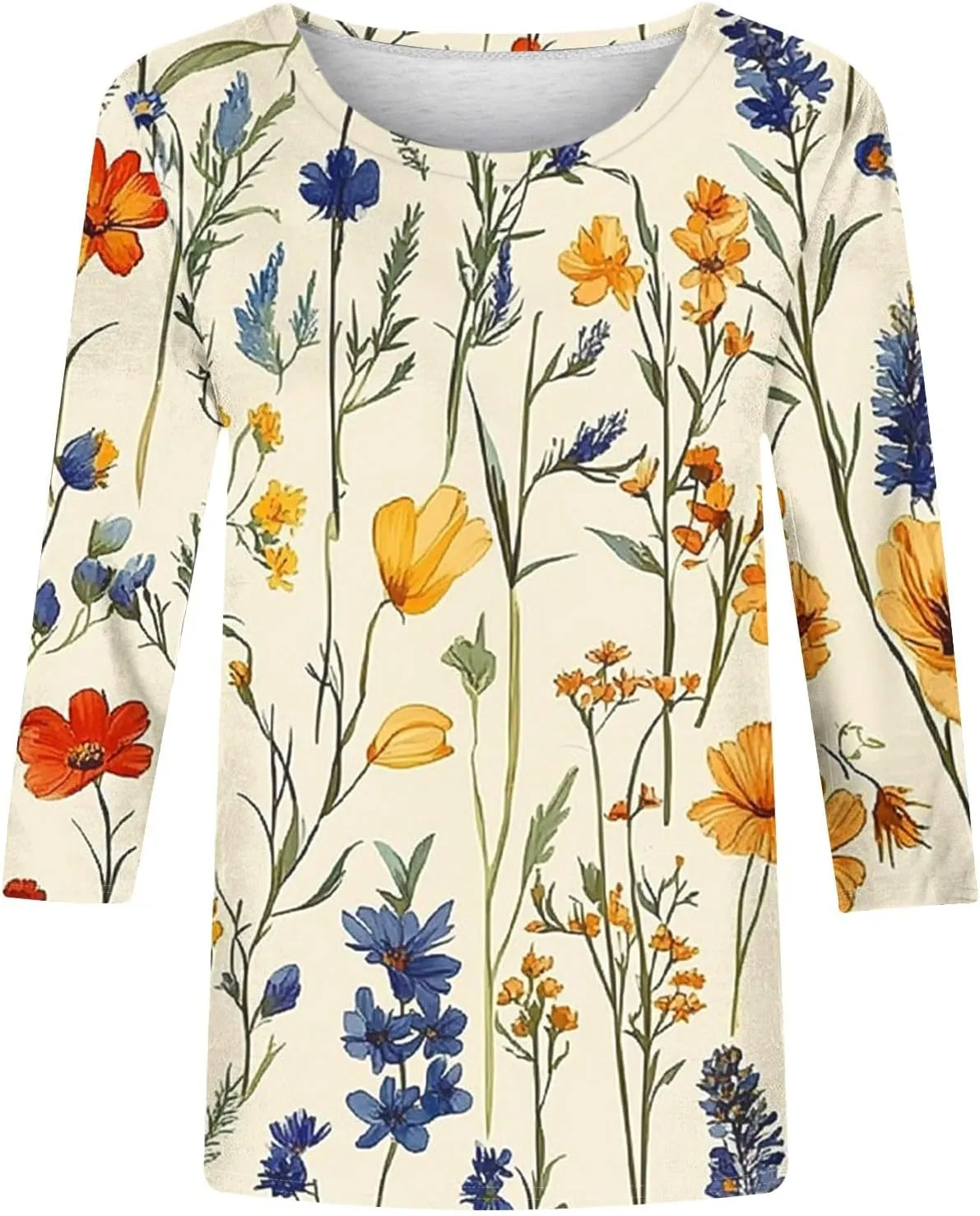 Womens Boho Floral Tops 3/4 Sleeve T Shirts Crewneck Blouses Dressy Casual Business Work Shirts Fashion Tunic Tops