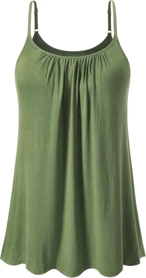 Women's Camisole with Built Bra Flowy Loose Fit Cami Pleated Adjustable Strap Tanks