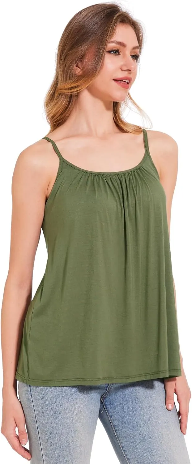 Women's Camisole with Built Bra Flowy Loose Fit Cami Pleated Adjustable Strap Tanks