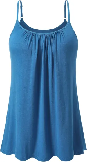 Women's Camisole with Built Bra Flowy Loose Fit Cami Pleated Adjustable Strap Tanks