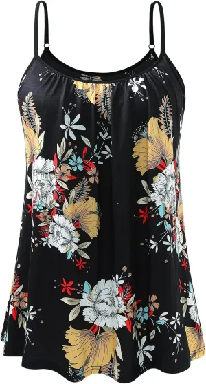 Women's Camisole with Built Bra Flowy Loose Fit Cami Pleated Adjustable Strap Tanks