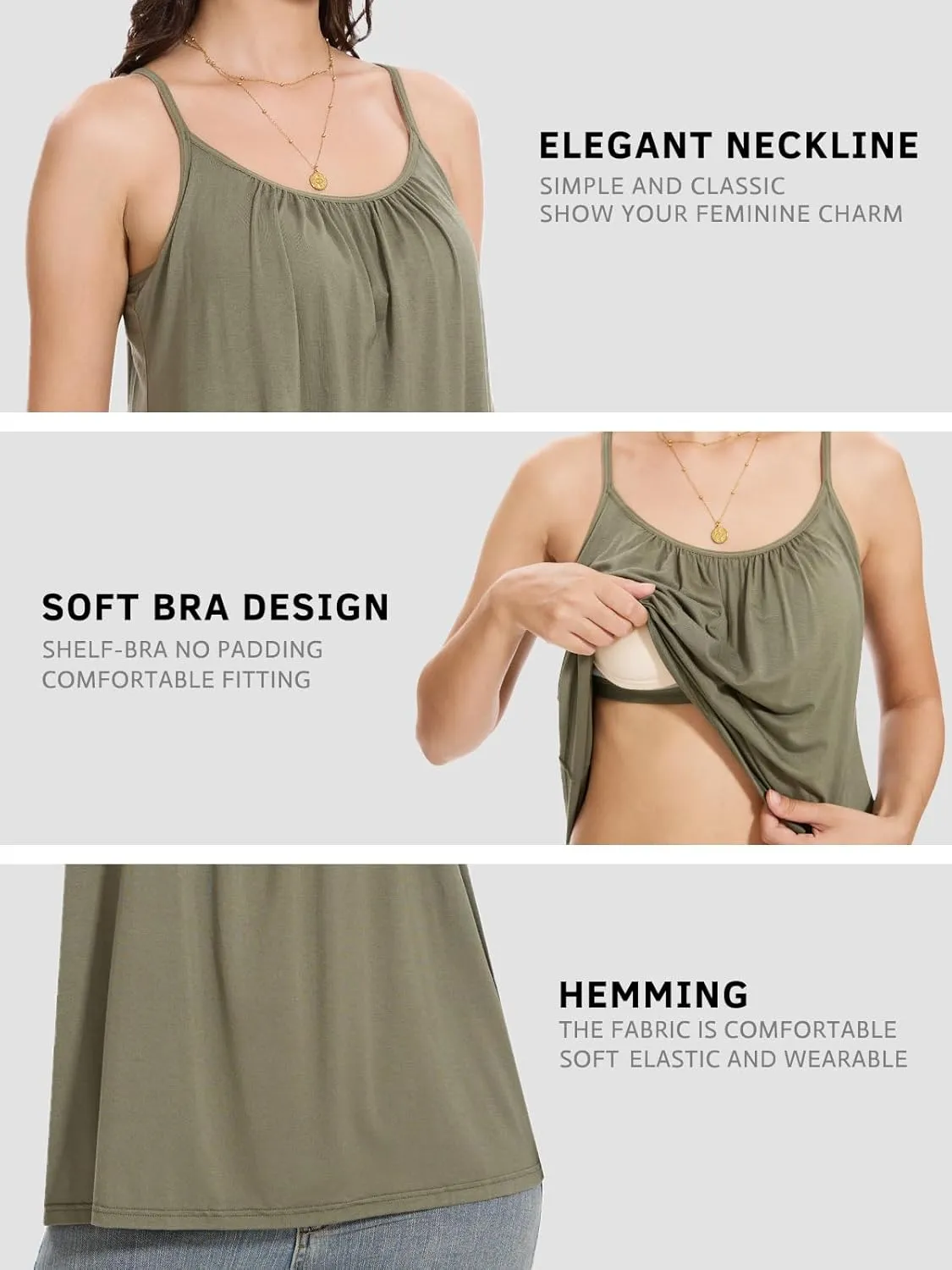 Women's Camisole with Built Bra Flowy Loose Fit Cami Pleated Adjustable Strap Tanks