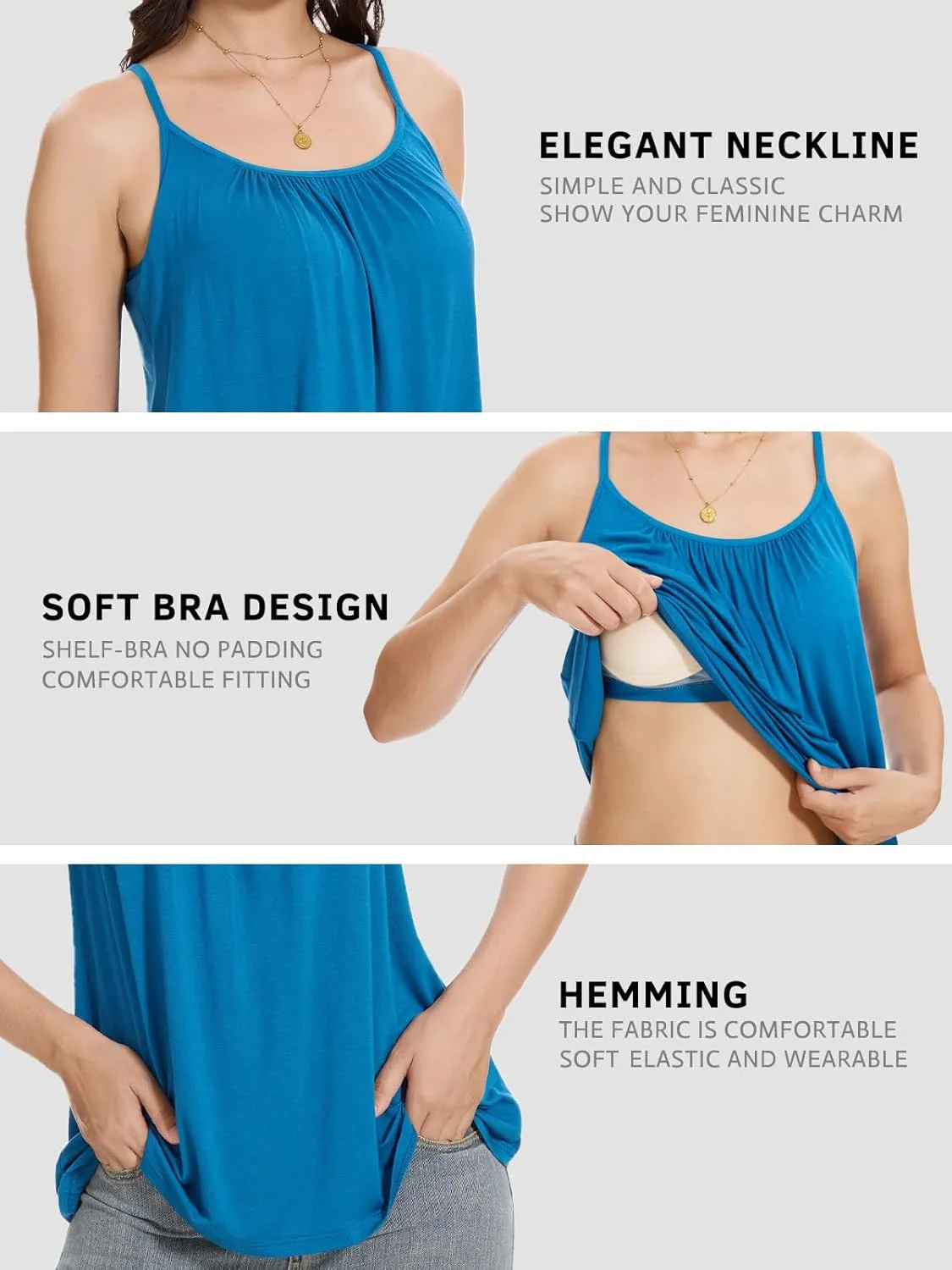 Women's Camisole with Built Bra Flowy Loose Fit Cami Pleated Adjustable Strap Tanks