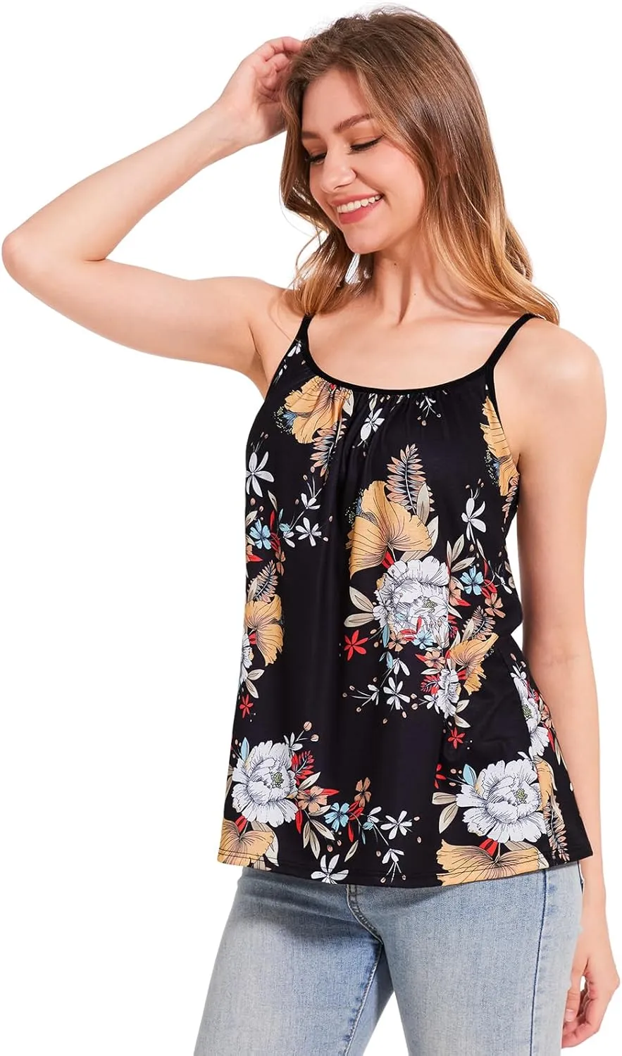 Women's Camisole with Built Bra Flowy Loose Fit Cami Pleated Adjustable Strap Tanks