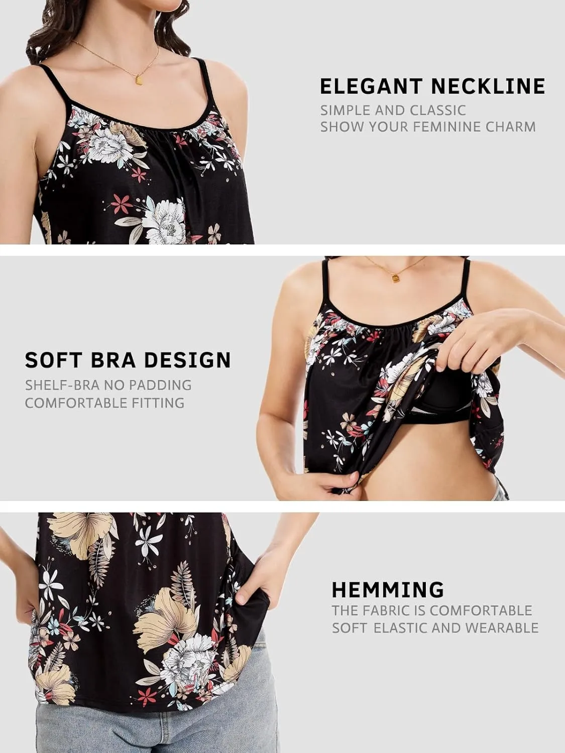 Women's Camisole with Built Bra Flowy Loose Fit Cami Pleated Adjustable Strap Tanks