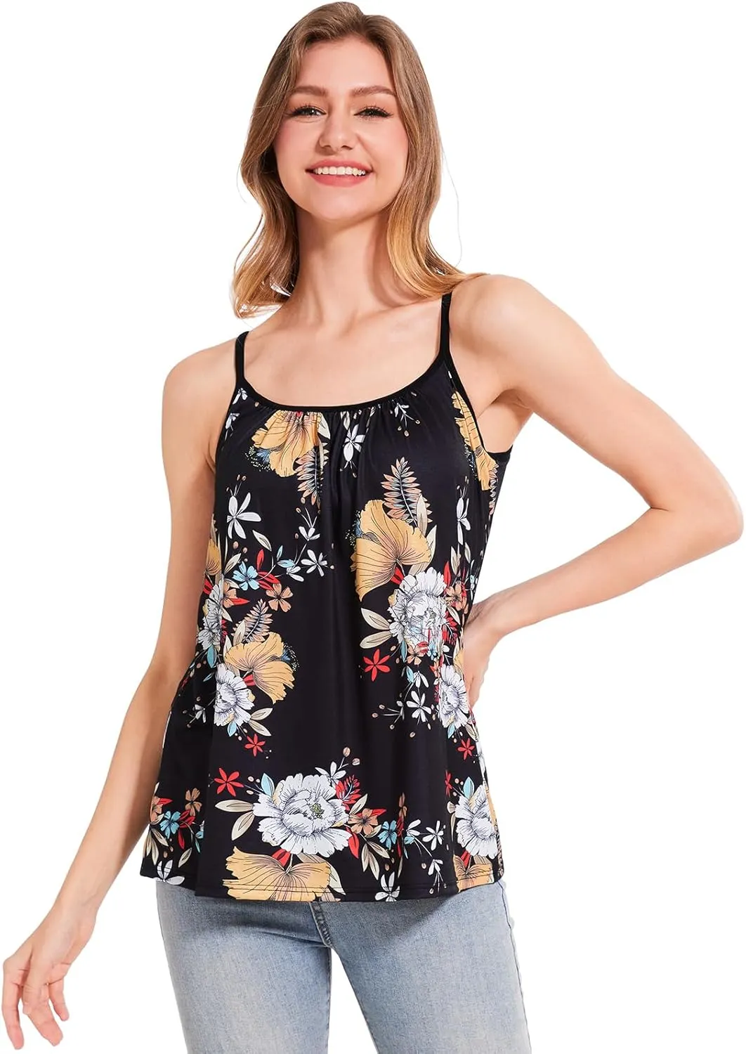 Women's Camisole with Built Bra Flowy Loose Fit Cami Pleated Adjustable Strap Tanks