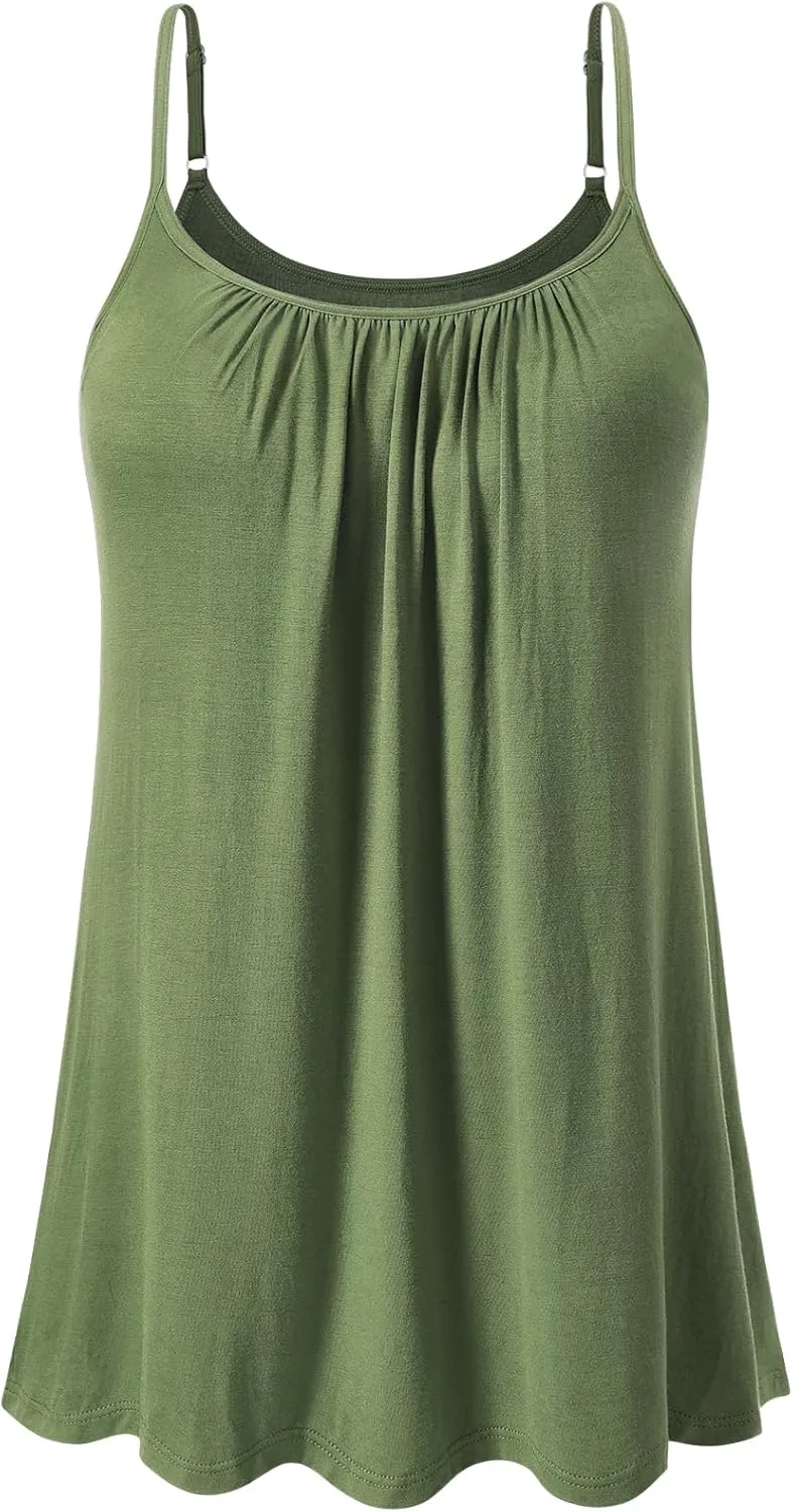 Women's Camisole with Built Bra Flowy Loose Fit Cami Pleated Adjustable Strap Tanks