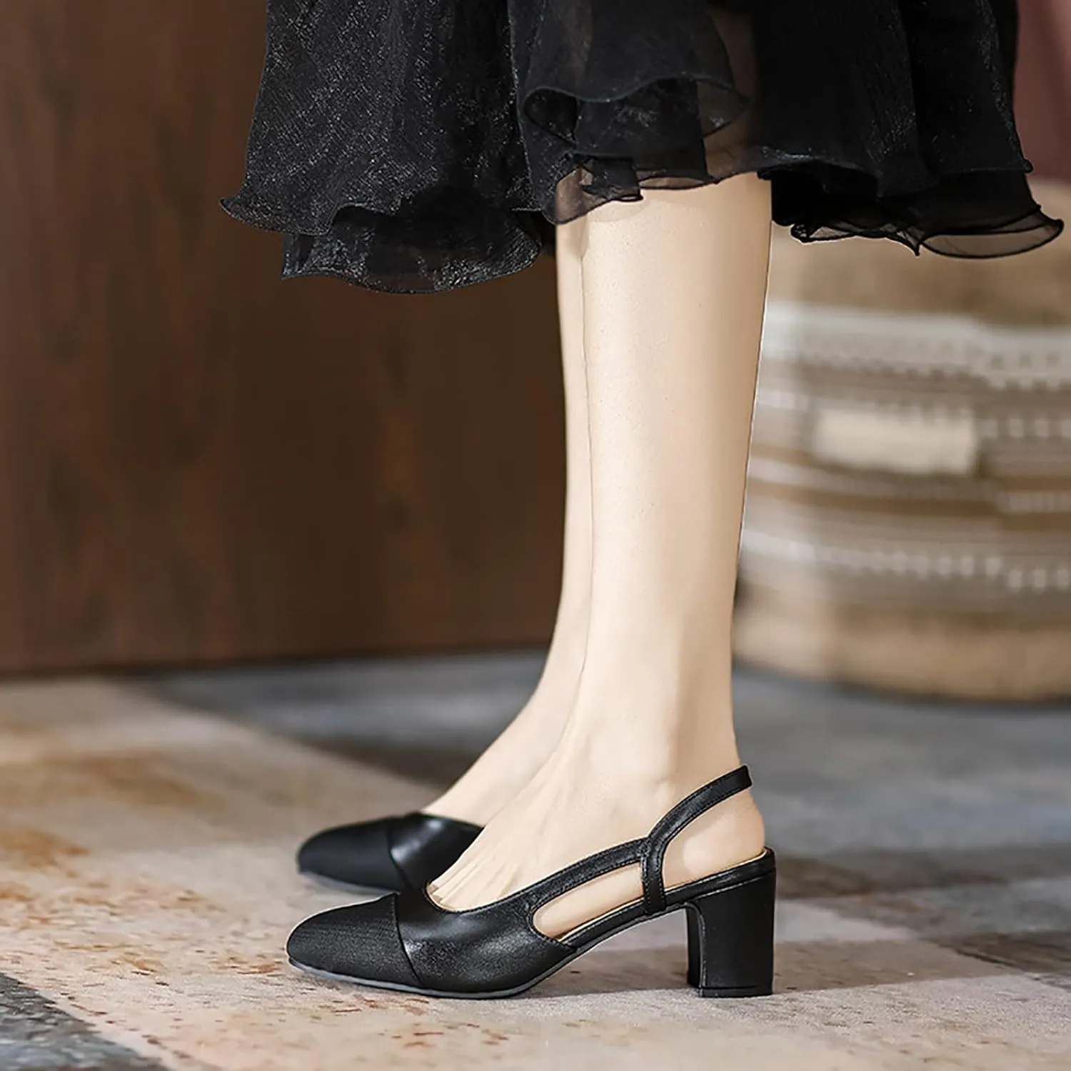 Women's Cap Toe Slingback Thick Heels Pumps,Classic Round Toe Chunky Heeled Ankle Strap Fashion Splicing Dress Shoes