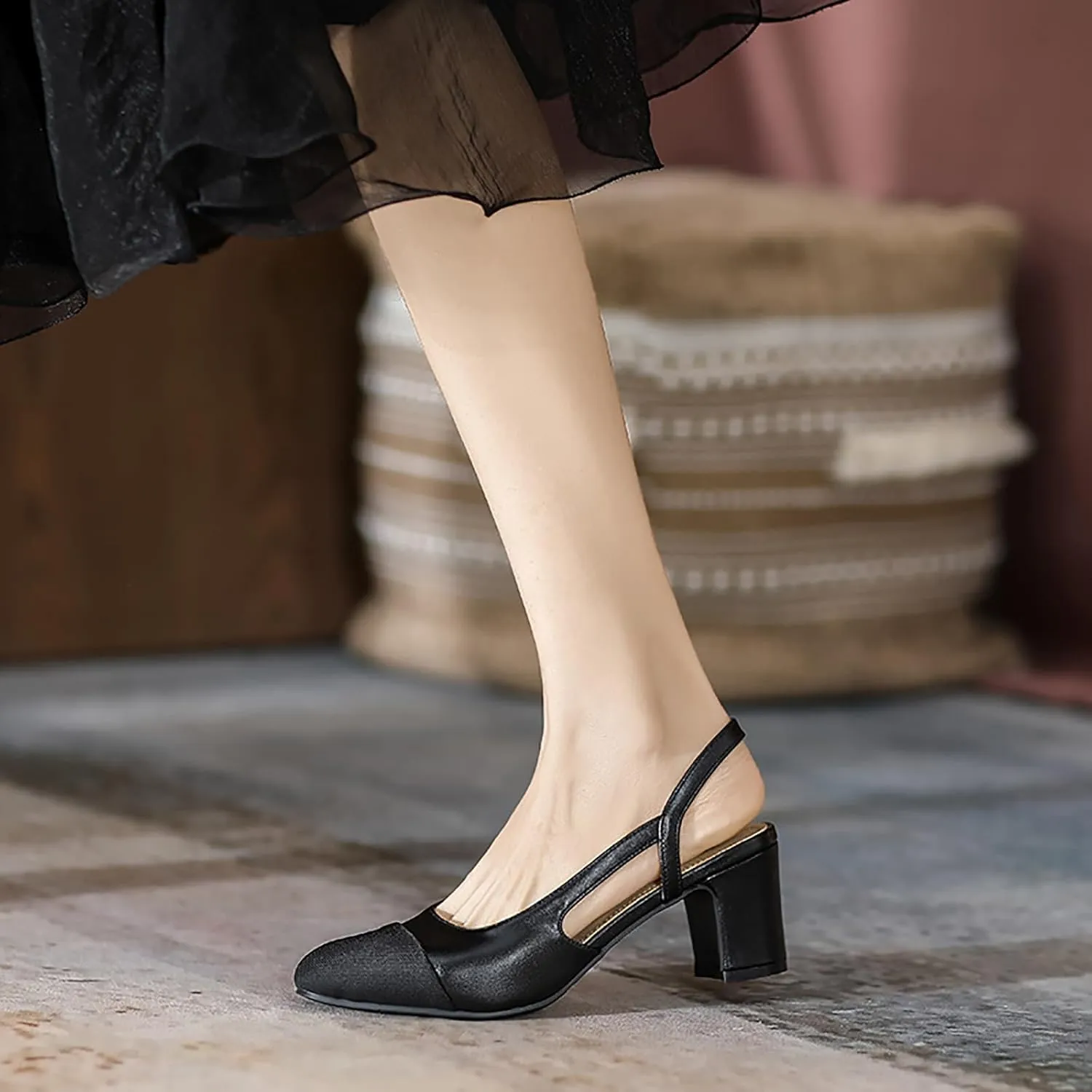 Women's Cap Toe Slingback Thick Heels Pumps,Classic Round Toe Chunky Heeled Ankle Strap Fashion Splicing Dress Shoes