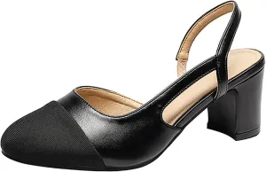 Women's Cap Toe Slingback Thick Heels Pumps,Classic Round Toe Chunky Heeled Ankle Strap Fashion Splicing Dress Shoes