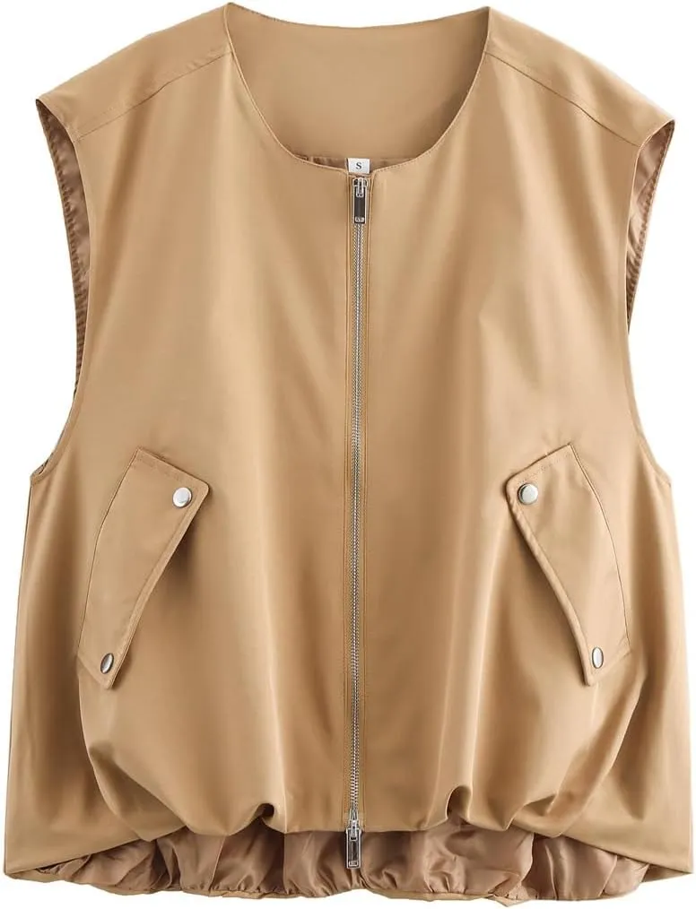 Women's Cargo Vests Casual Zip Up Sleeveless Jackets Oversized Ruched Hem Blazer Jackets Military Tops with Pockets