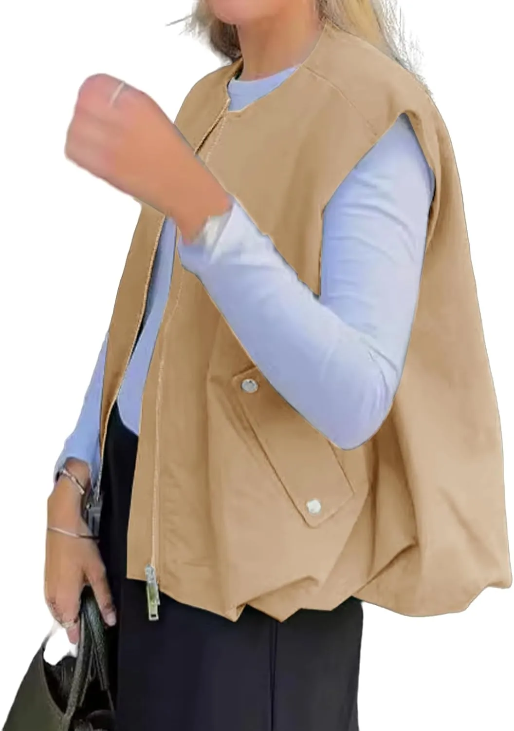 Women's Cargo Vests Casual Zip Up Sleeveless Jackets Oversized Ruched Hem Blazer Jackets Military Tops with Pockets