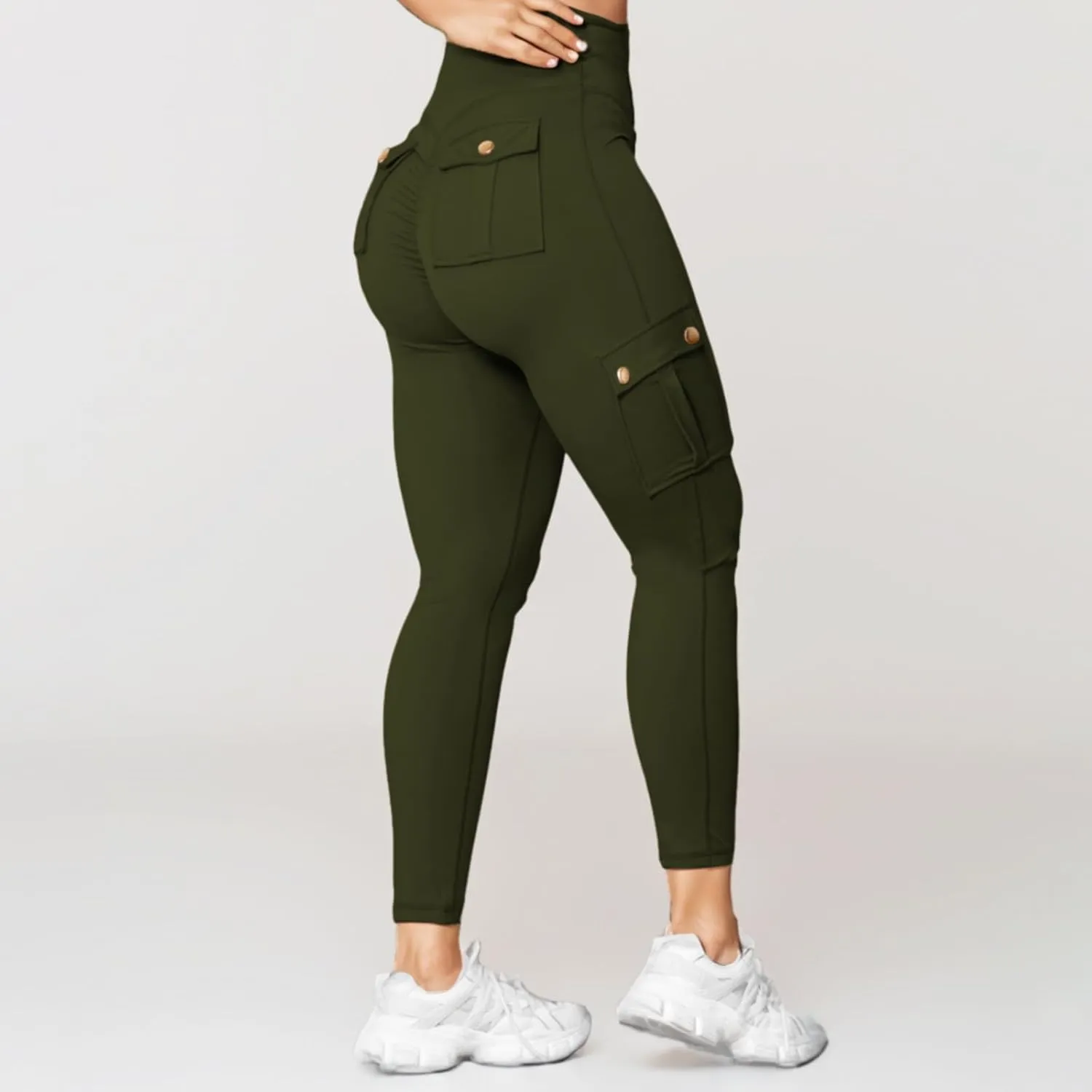 Women's Cargo Yoga Leggings Butt Lifting High Waist Trousers with Flap Pockets Tummy Control Running Pants Gym Tights