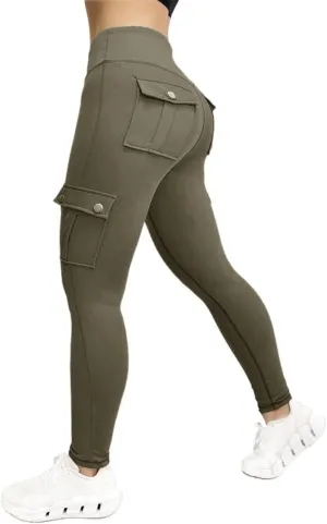 Women's Cargo Yoga Leggings Butt Lifting High Waist Trousers with Flap Pockets Tummy Control Running Pants Gym Tights